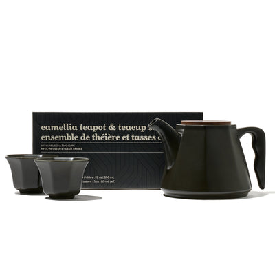 Black Camellia Ceramic Teapot & Teacup Set  front view
