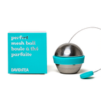Perfect Mesh Ball tea infuser beside its turquoise product box