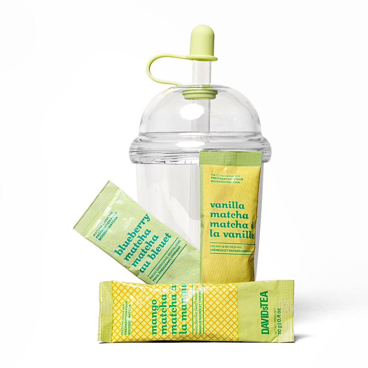 Matcha To Go tumbler with single serve matcha packets