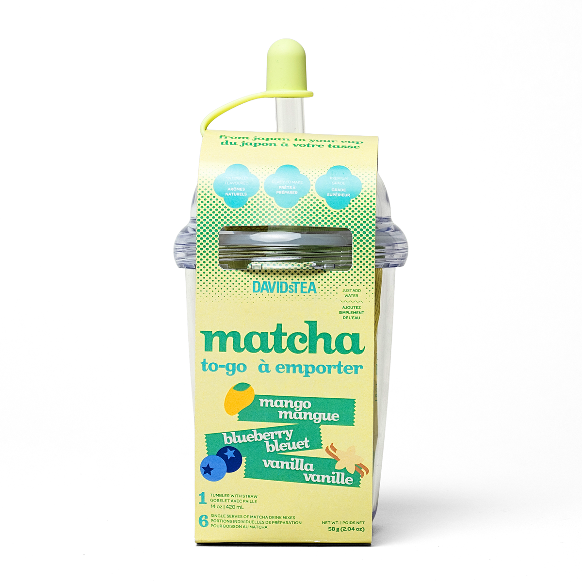 Front view of the Matcha To Go tumbler and single serves package