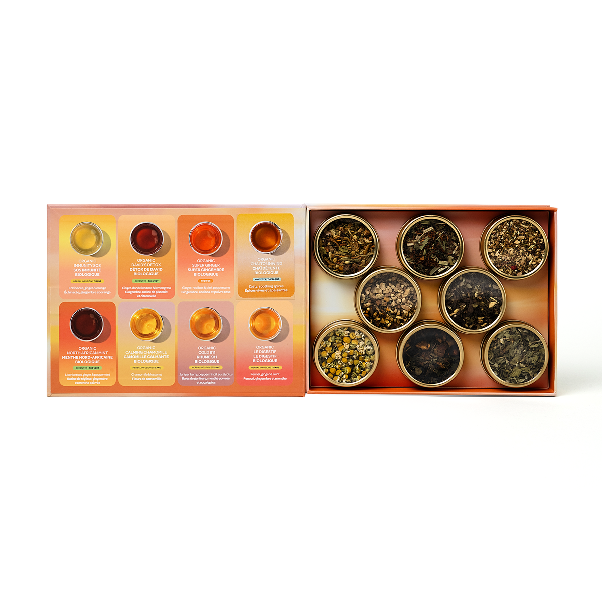 Opened Feel Good Teas 8 Tea Sampler showing eight tea blends