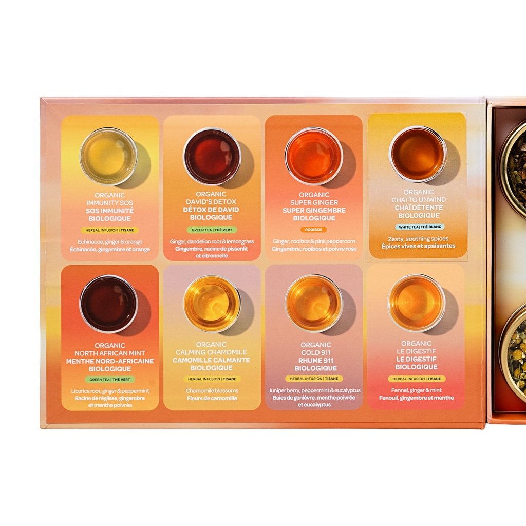 Opened Feel Good Teas 8 Tea Sampler showing illustrated tea compartments
