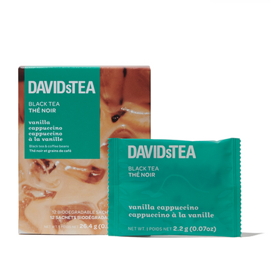 Vanilla Cappuccino Tea Pack of 12 Sachets Black front view