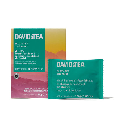 Organic David's Breakfast Blend Tea Pack of 12 Sachets Black front view