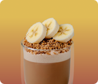 banana bread hojicha  latte with crumble and banana on top
