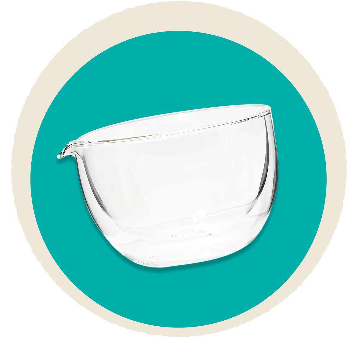 Double Walled Glass Matcha Bowl With Spout on a on a teal circle background