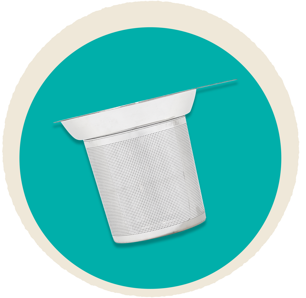 Silver Perfect Tea Infuser on a teal circle background 