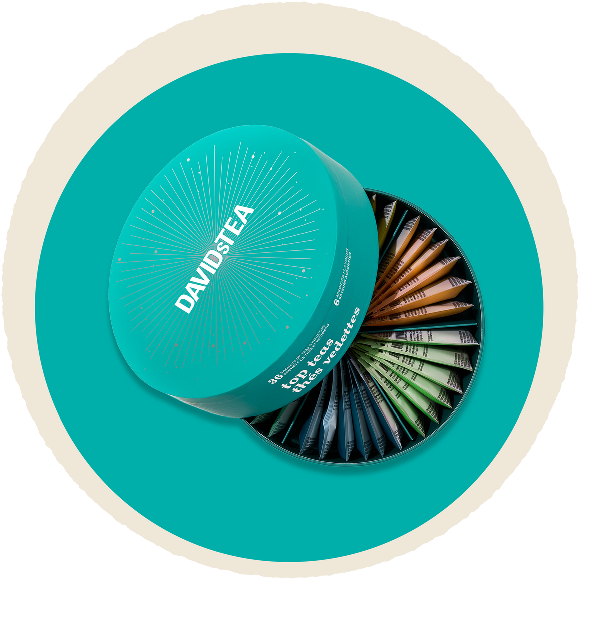 Top Tea Essentials Sachet Tea Wheel on a teal circle background